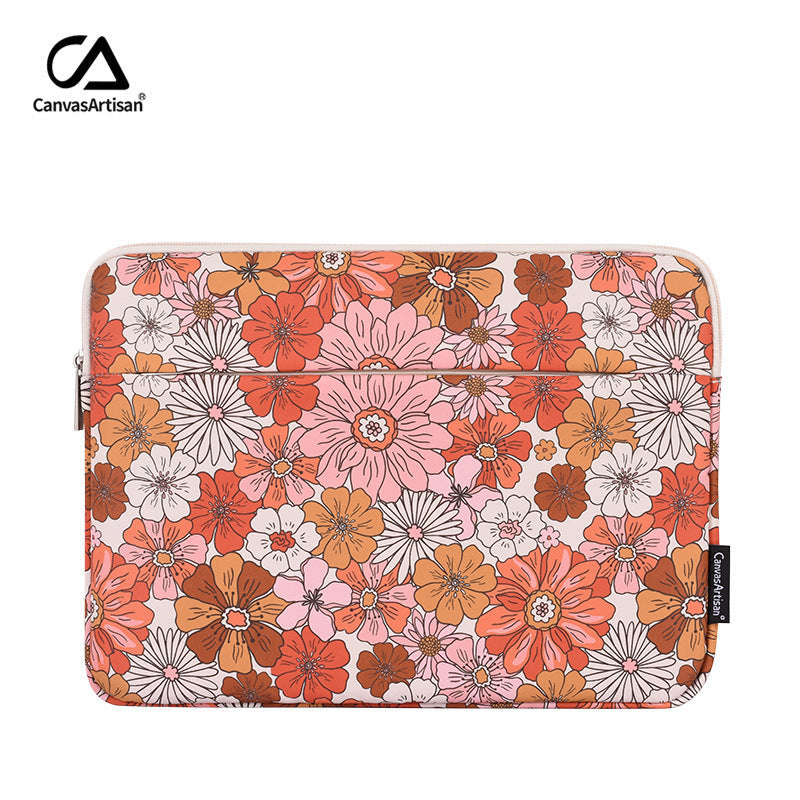 Dual Compartment Orange Floral Laptop Sleeve – Waterproof  Case for 11–15" Laptop