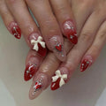 Valentine’s Day Press-On Nails – Medium Almond Red Heart & Pearl 3D Bow Design