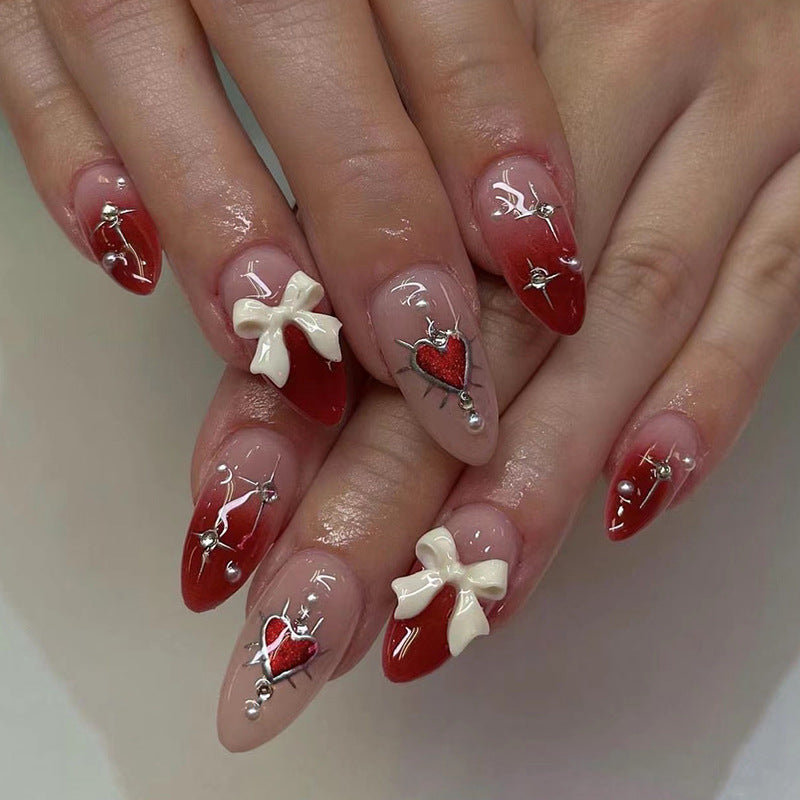 Valentine’s Day Press-On Nails – Medium Almond Red Heart & Pearl 3D Bow Design