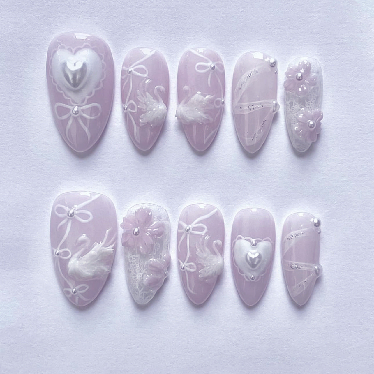 Luxury 3D Swan Almond Press-On Nails – Medium Glue-On with Pearls & Bows