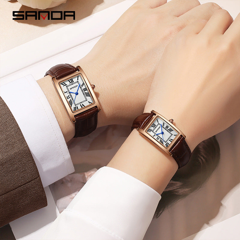 SANDA Retro Square Quartz Watch – Leather Strap Casual Watch for Men & Women
