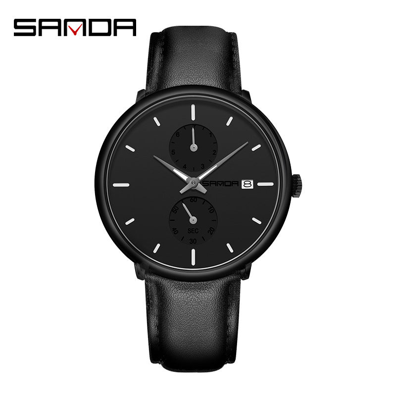 Sanda Men’s Classic Leather Quartz Watch – Waterproof Luminous Calendar Wristwatch