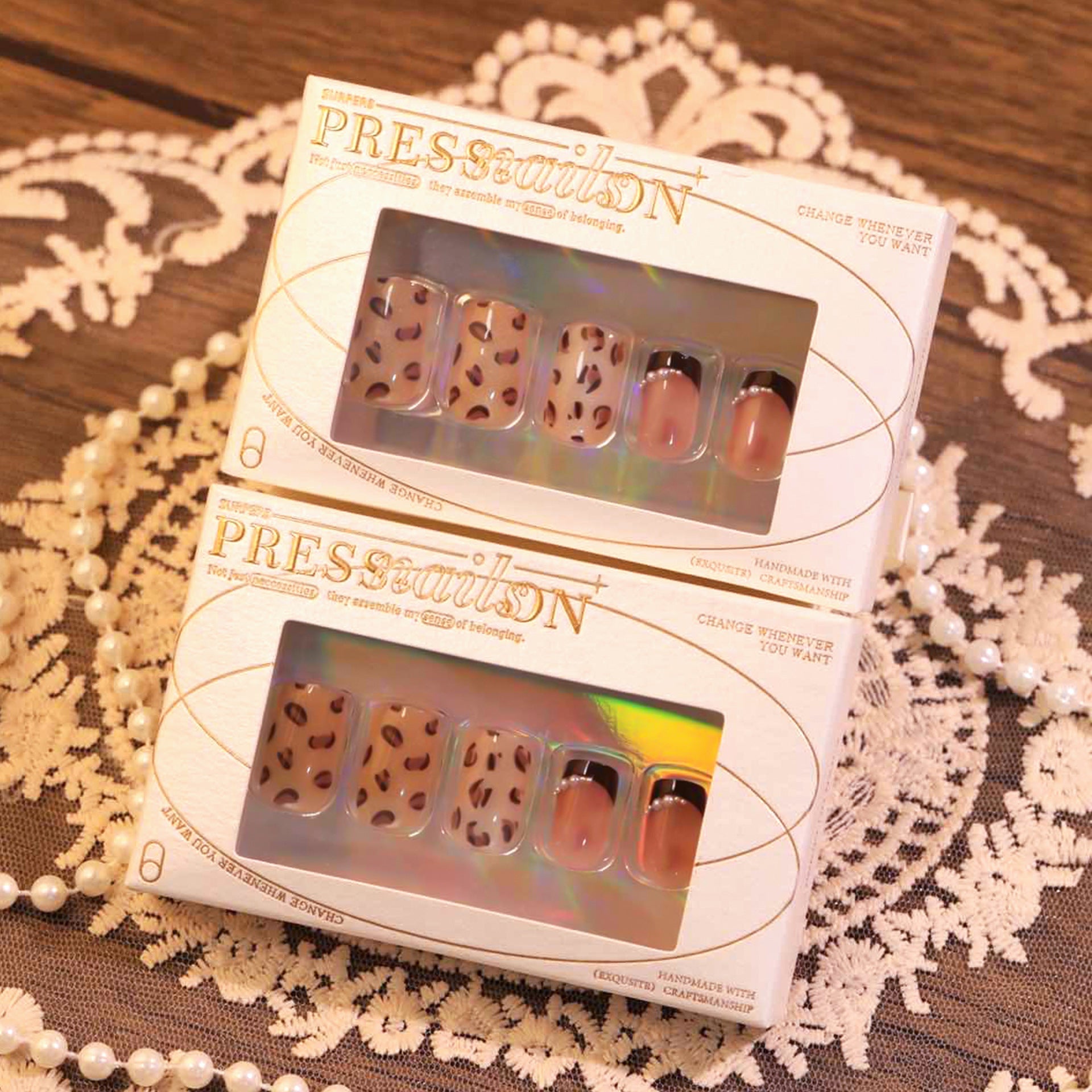 Leopard Print Press-on Nails – Glossy Square Gradient Design with Pearls