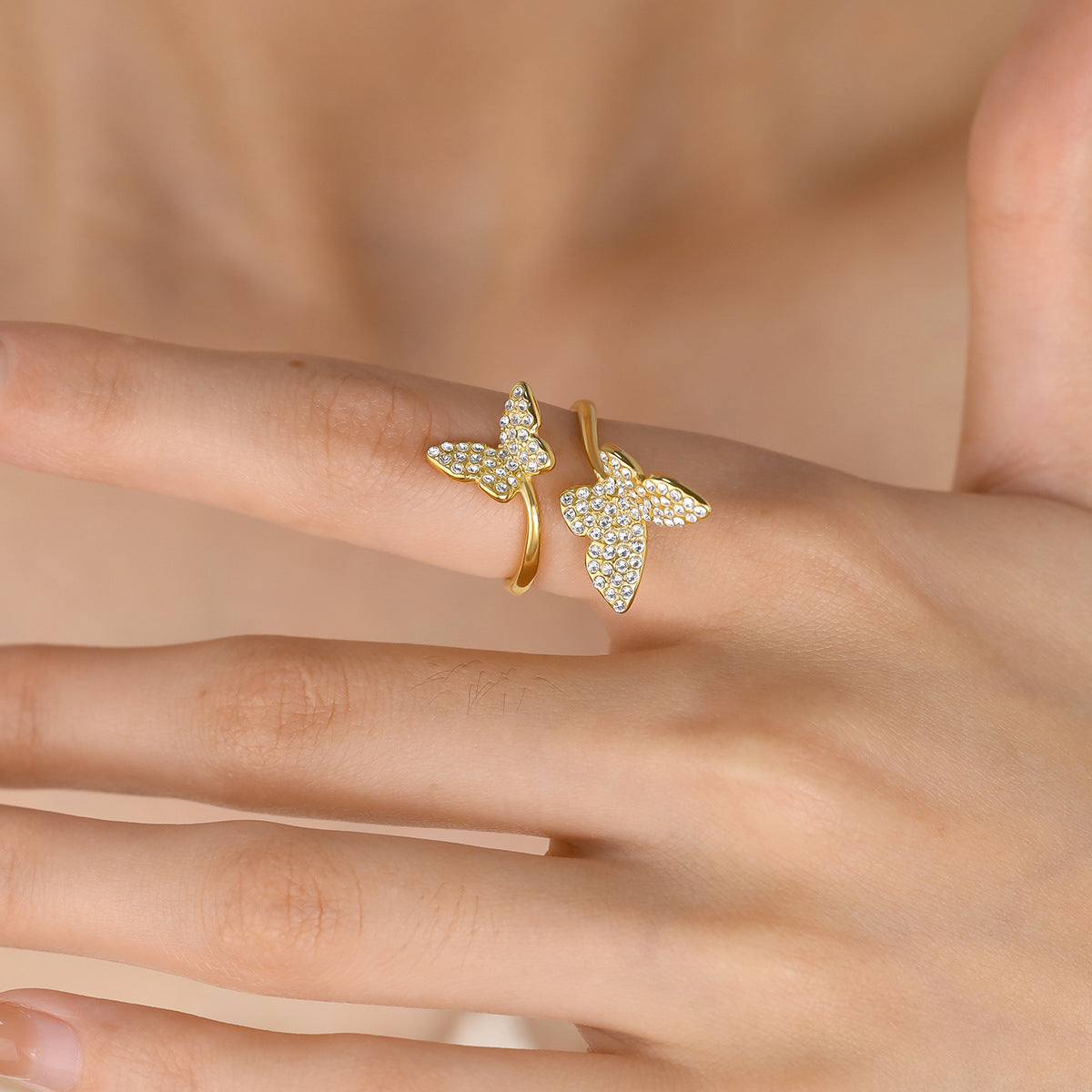 Double Butterfly Diamond Ring – Gold Titanium Steel Adjustable Luxury Jewelry
