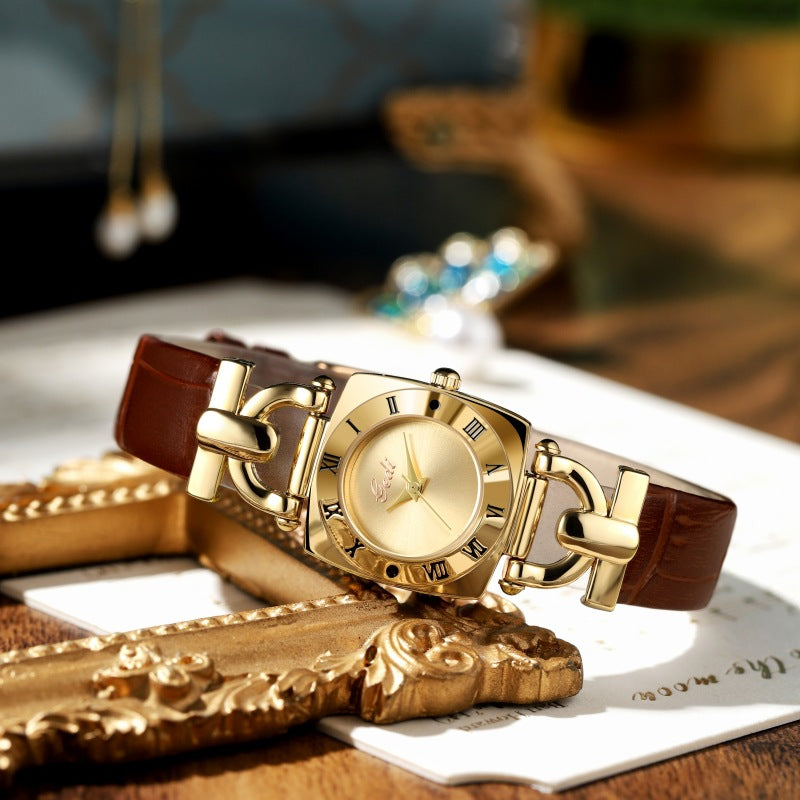 Luxury Quartz Watch – Retro Square Dial High-End Women’s Gold Belt Wristwatch