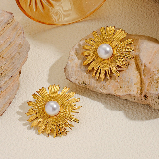 Gold Flower Pearl Earrings – Titanium Steel Luxury Jewelry for Women