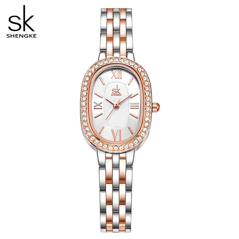 SK Women’s Quartz Watch – Zircon Oval Dial, Waterproof Fashion Alloy Wristwatch