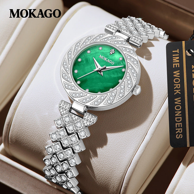 MOKAGO Women’s Diamond Quartz Watch – Elegant Round Mother-of-Pearl Dial Watch
