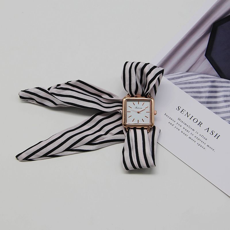 Women’s Square Quartz Watch with Striped Cloth Strap - World Time, Minimalist Fashion