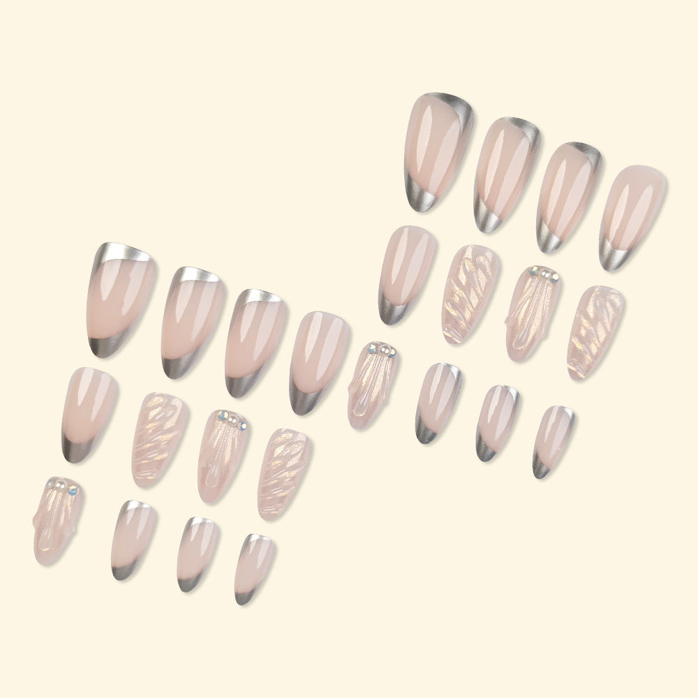 Silver-Edged French Stiletto Press-On Nails – Acrylic Tips with Pearl & Swirl Details