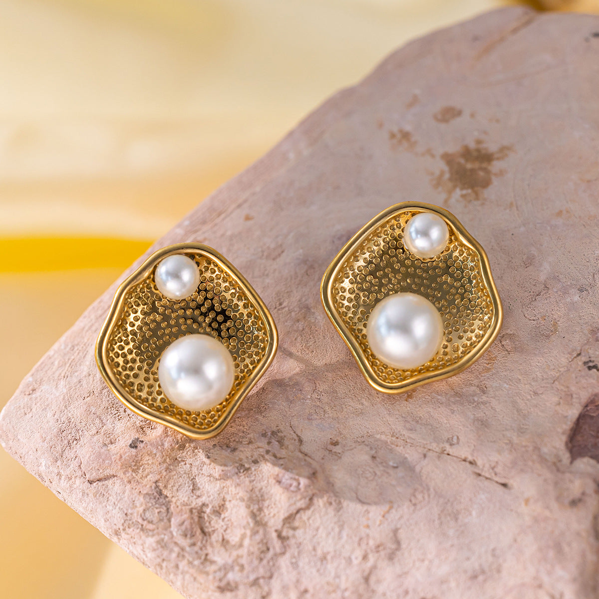 Golden Pearl Titanium Steel Earrings – Textured Stud & Drop Design (Combo of 4)