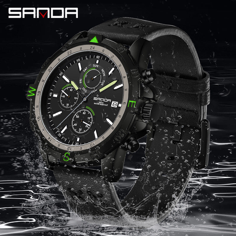 SANDA Men's Outdoor Sports Quartz Watch – Calendar, Detachable Leather Strap