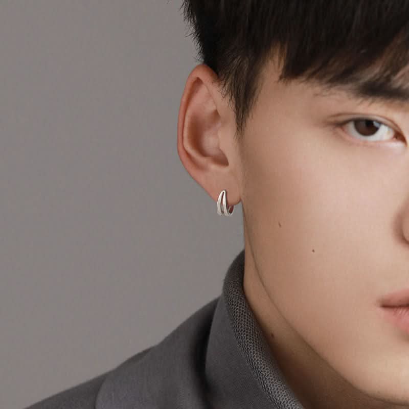 Men's Silver Double Layer A-arc Earrings – Unisex European & American Style