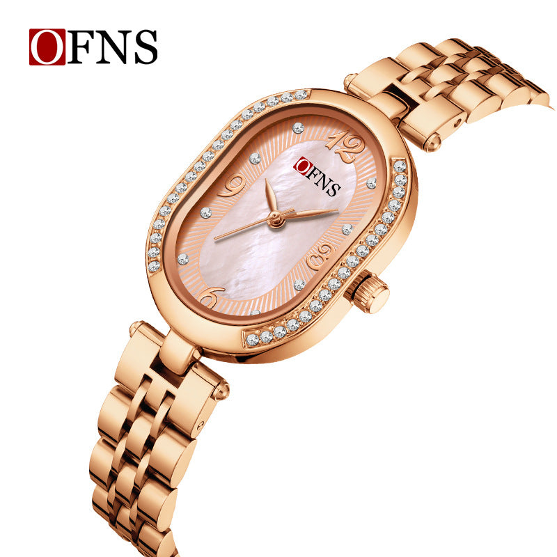 OFNS Diamond Oval Quartz Watch – Waterproof Fashion Watch for Women with Steel Strap