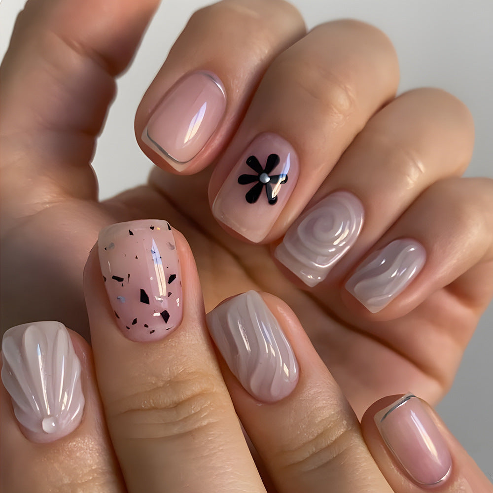 3D Floral Square Press-On Nails – Nude, Black & White Acrylic Tips with Swirl Design