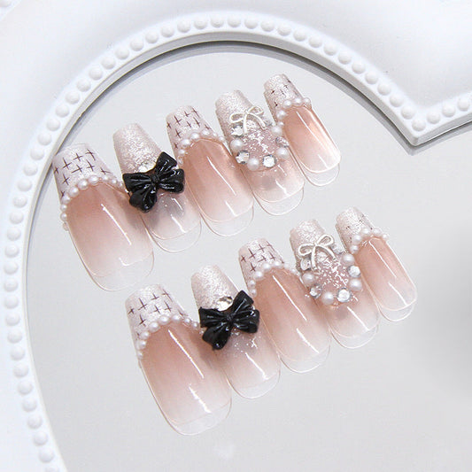 Pearl Bow French False Nails – Medium Glue-On Ballet Style, Detachable Nail Set