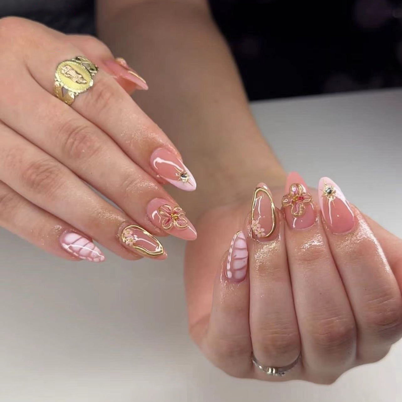 Elegant Pink Floral Press-On Nails – Long Almond, 3D Flowers & Gold Detailing