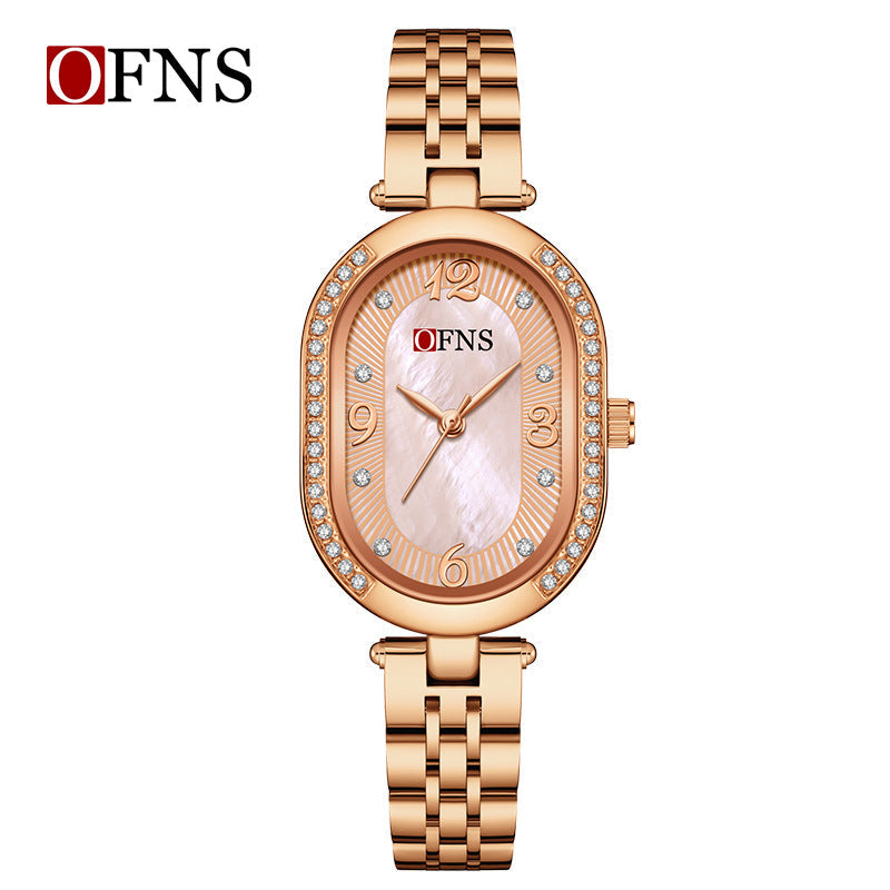 OFNS Diamond Oval Quartz Watch – Waterproof Fashion Watch for Women with Steel Strap