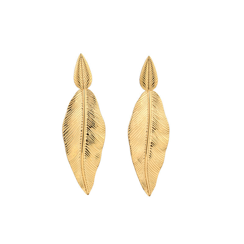 Gold Leaf Drop Earrings – Stainless Steel Textured Pendant Jewelry for Women