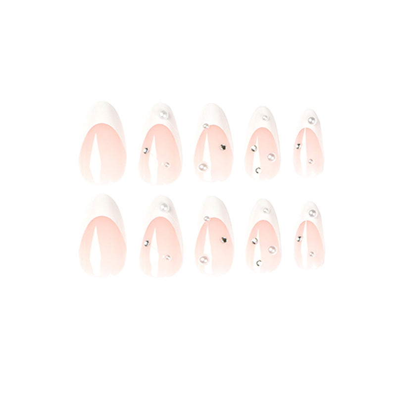 French Tip Rhinestone Press-On Nails – Medium Almond, 3D Gel Pearl Design