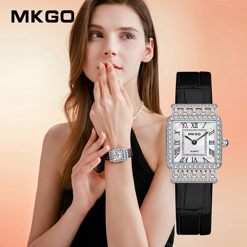 MKGO Luxury Women’s Square Quartz Watch with Diamonds – Roman Scale Leather Strap