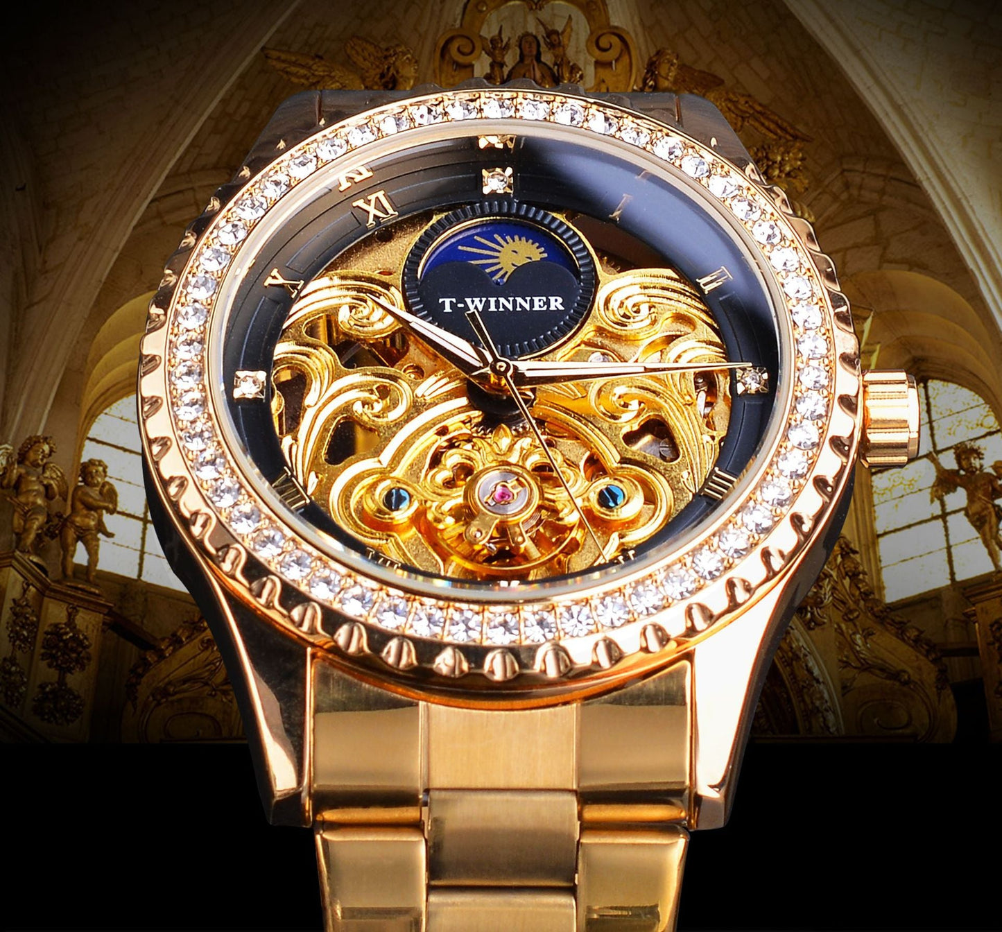 T-Winner Men’s Skeleton Automatic Mechanical Watch – Rhinestone Bezel, Fashion Timepiece