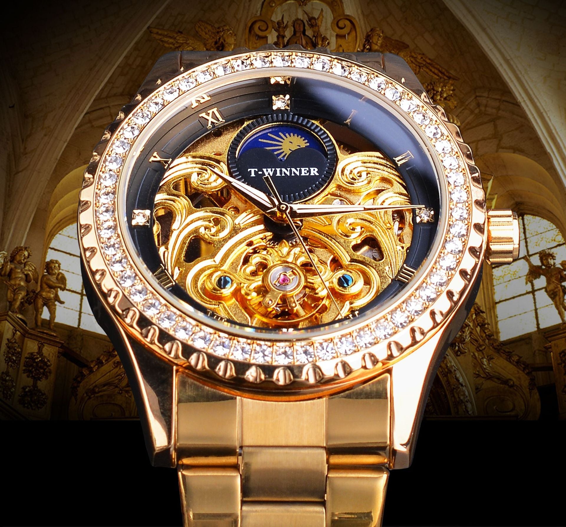 T-Winner Men’s Skeleton Automatic Mechanical Watch – Rhinestone Bezel, Fashion Timepiece