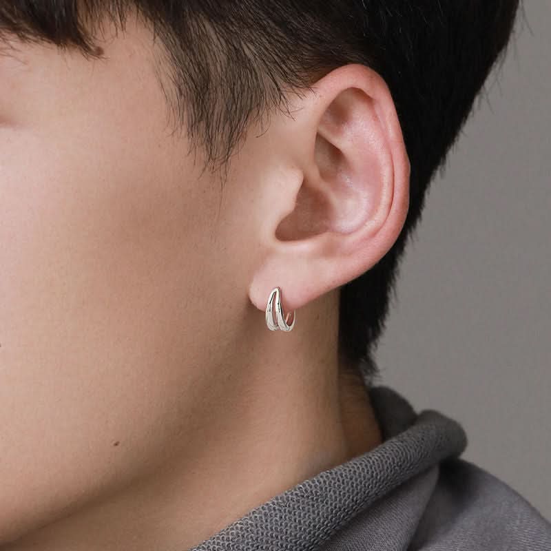 Men's Silver Double Layer A-arc Earrings – Unisex European & American Style