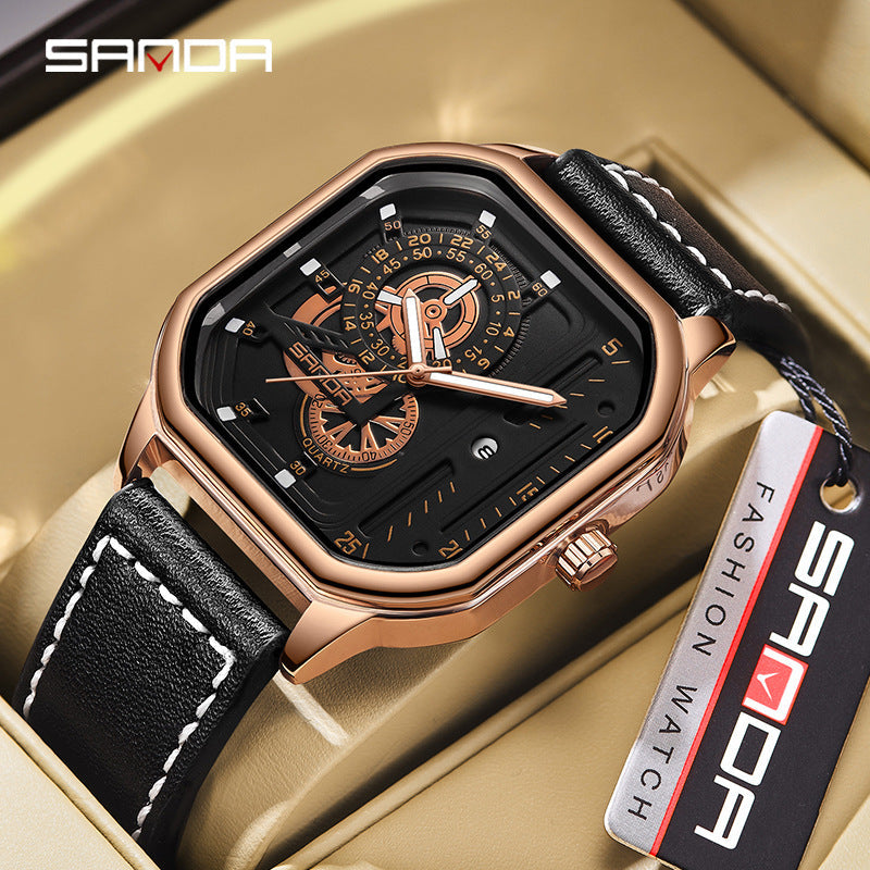 Sanda Men’s Leather Quartz Watch – Square Dial, Luminous Hands Casual Timepiece