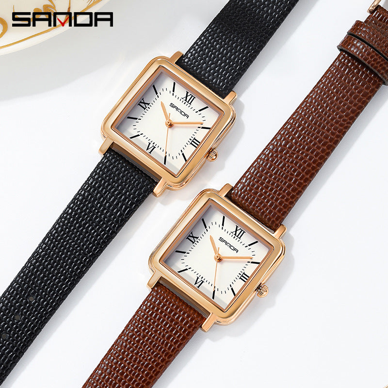 SANDA Women’s Square Quartz Watch – Retro Leather Strap with Roman Numerals