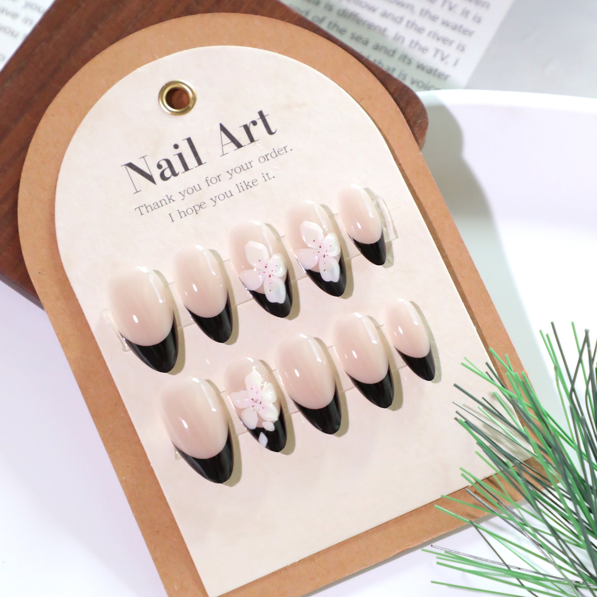 Almond Glue-On Nails with 3D Flowers & French Tips – Nude Black Press-On Nails
