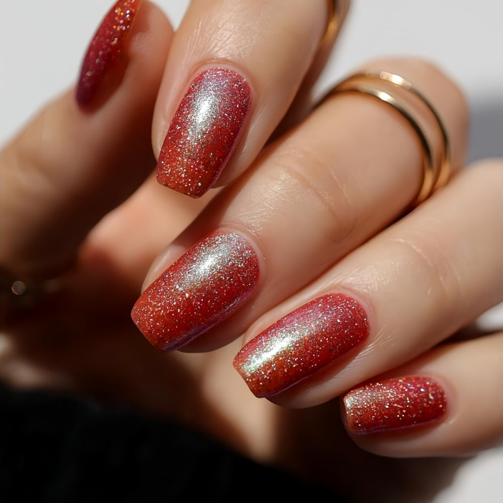 Glam Chic Red Shimmer Press-On Nails – Square Gradient Glitter Acrylic Nails Set