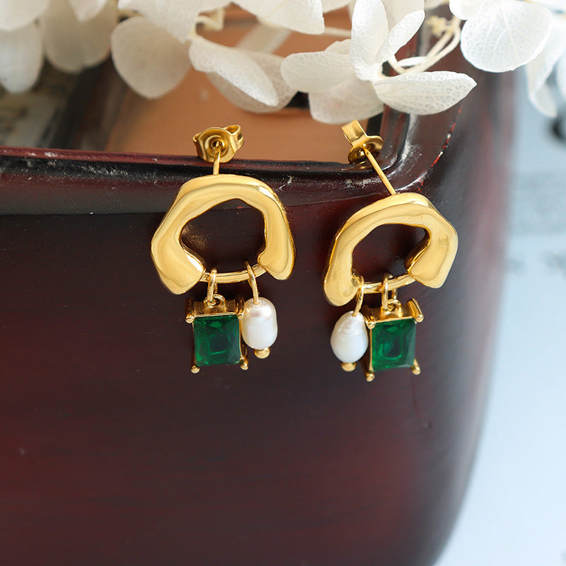 Geometric Pearl Drop Earrings for Women – Green Crystal Pendant, Fashion Office Style