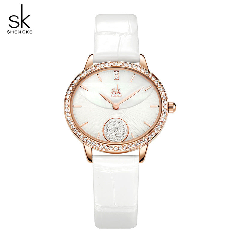 SK Women’s Diamond Quartz Watch – Casual Leather Strap, 30M Waterproof Round Dial