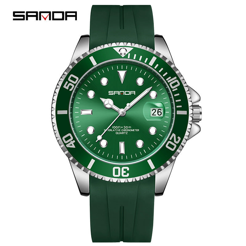 Sanda Men’s Quartz Watch with Calendar – Luminous Waterproof Silicone Wristwatch