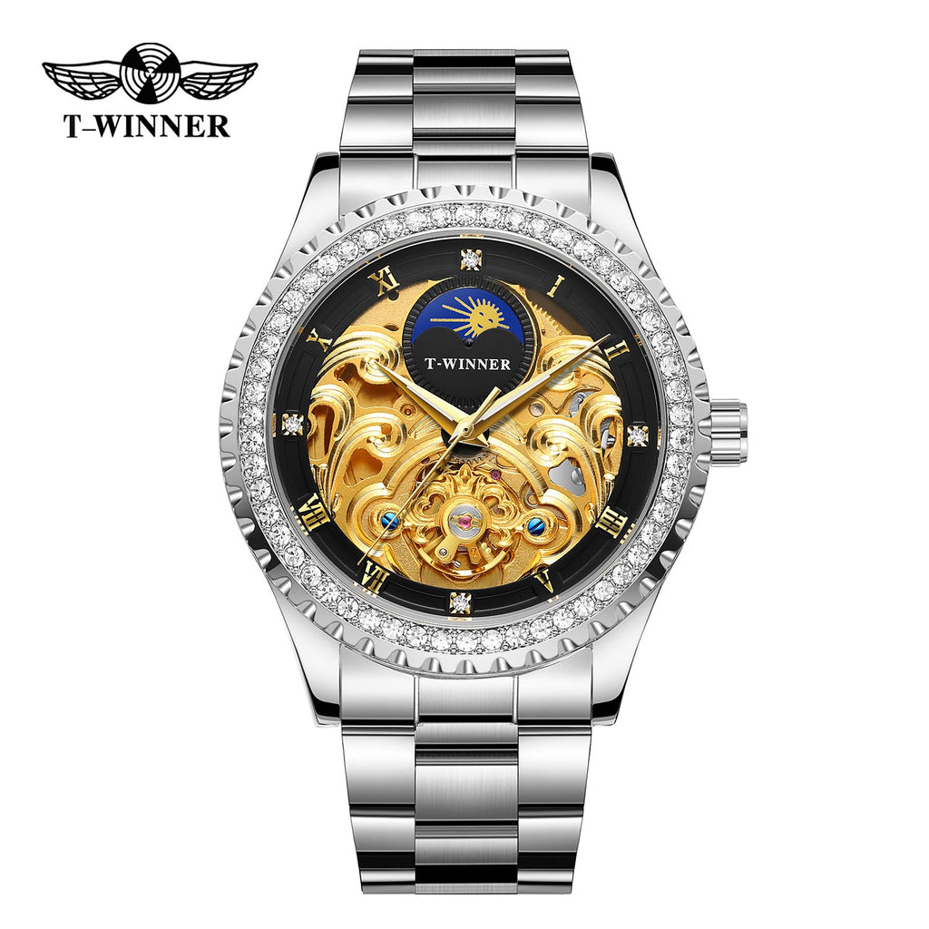 T-Winner Men’s Skeleton Automatic Mechanical Watch – Rhinestone Bezel, Fashion Timepiece