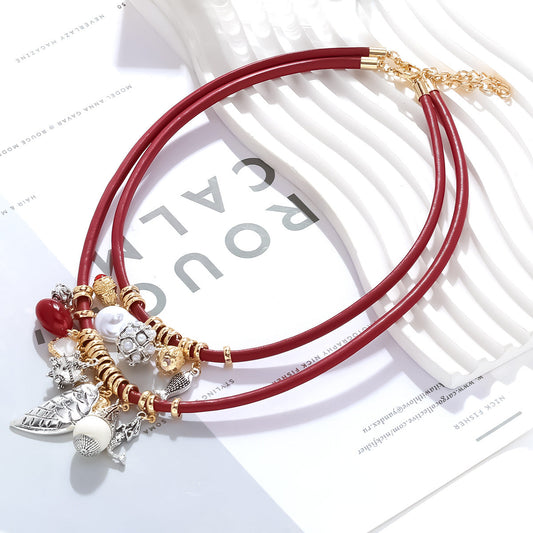 Women's Multi-Layer Leaf Pendant Necklace – Handmade PU Leather Rope Choker