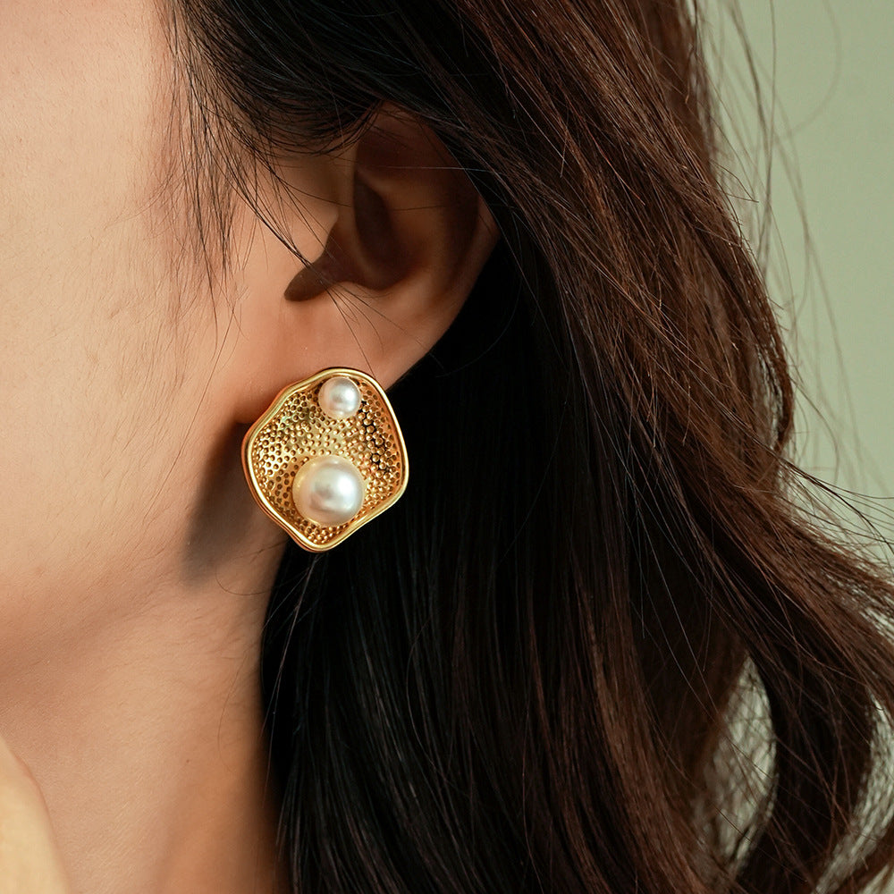 Golden Pearl Titanium Steel Earrings – Textured Stud & Drop Design (Combo of 4)