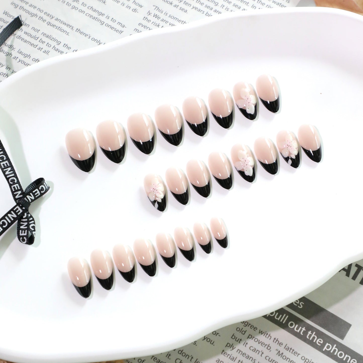 Almond Glue-On Nails with 3D Flowers & French Tips – Nude Black Press-On Nails