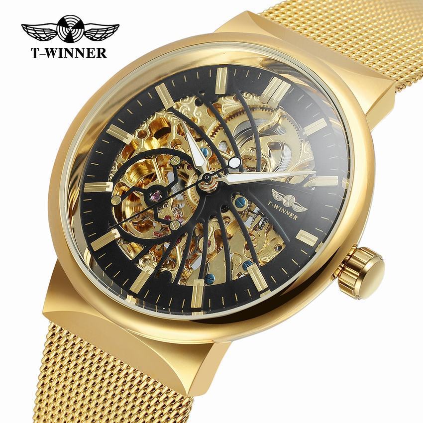 T-WINNER Automatic Mechanical Watch for Men – Mesh Strap, Waterproof Skeleton Design