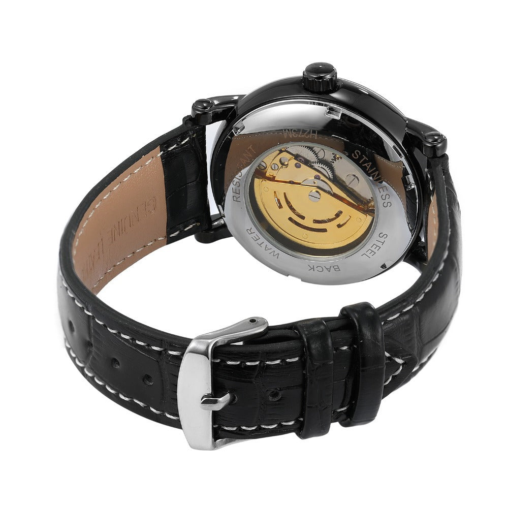 T-WINNER Automatic Mechanical Watch for Men – Hollow Dial Leather Strap Timepiece