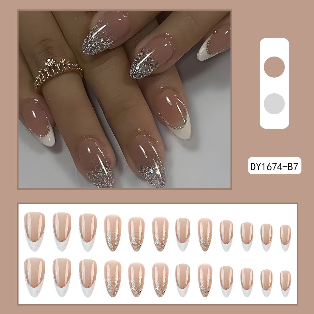 French Tip Press-On Nails with Glitter Gradient, Medium Almond Acrylic Glue-On Set