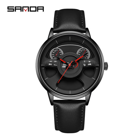 SANDA Men’s Leather Strap Quartz Watch – Car Wheel Inspired Waterproof Wristwatch