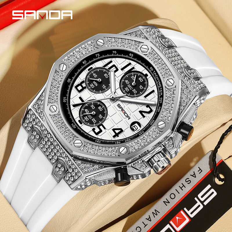 SANDA Men’s Diamond Dial Quartz Watch – Waterproof Silicone Strap Wristwatch