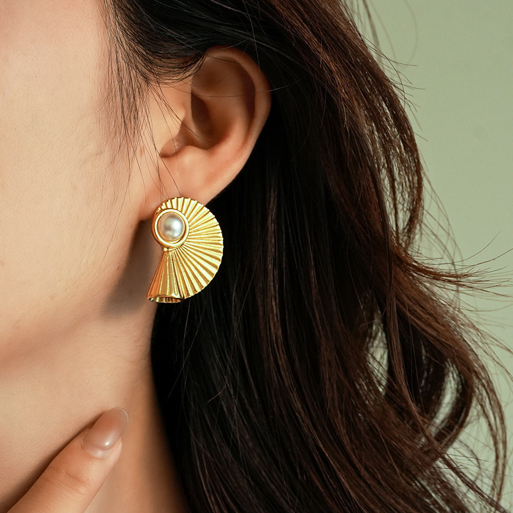 Golden Pearl Titanium Steel Earrings – Textured Stud & Drop Design (Combo of 4)