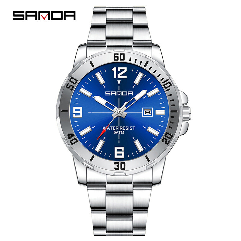 SANDA Men’s Large Dial Quartz Watch – Luminous Stainless Steel Wristwatch with Calendar