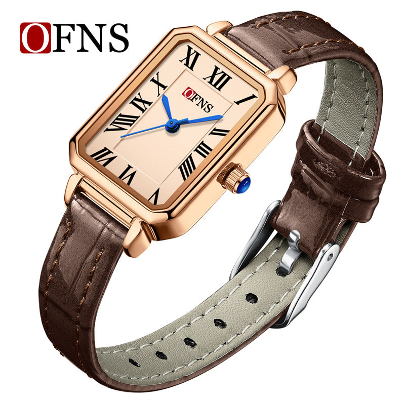 OFNS Women’s Square Quartz Watch – Roman Dial, Leather Strap & Waterproof Design