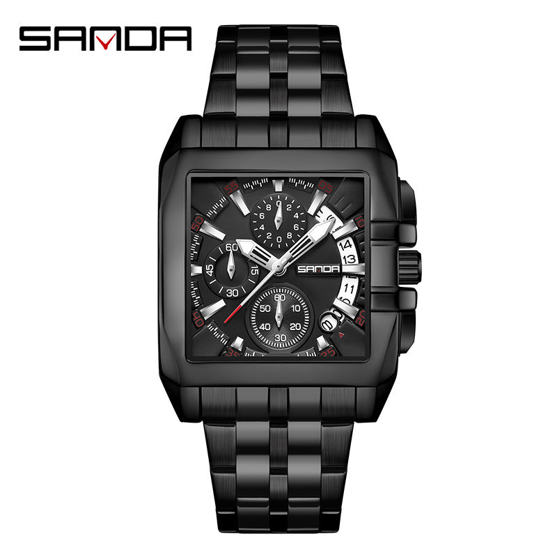 SANDA Luminous Men’s Square Quartz Watch – Stainless Steel Strap with Calendar