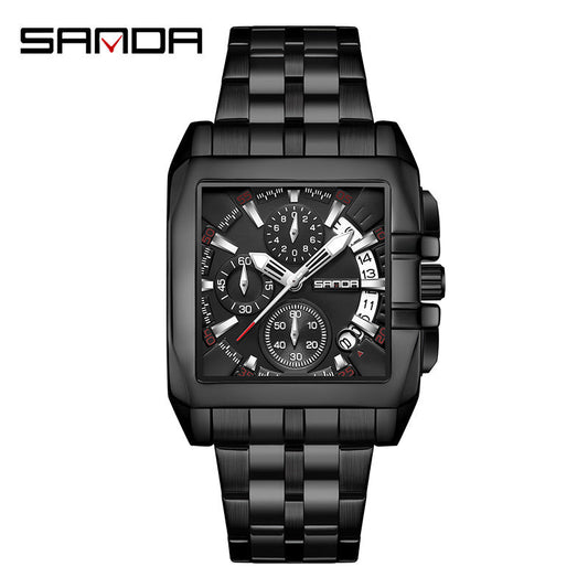 SANDA Luminous Men’s Square Quartz Watch – Stainless Steel Strap with Calendar