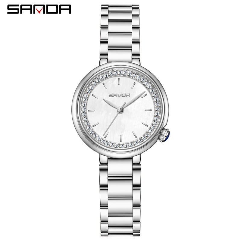 Sanda Women’s Stainless Steel Quartz Watch – Diamond Accent Small Dial Casual Watch